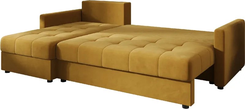 Rozkładana narożna sofa VENORIA 220x143 cm, musztardowa, uniwersalna + 2 poduszki GRATIS