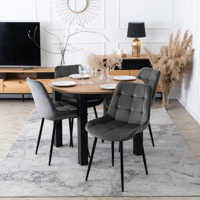 Zestaw Stół Okrągły Rozkładany HARRY 102-142 cm Dąb Craft/Czarny i 4 Krzesła Tapicerowane CHRIS Szare Nowoczesne