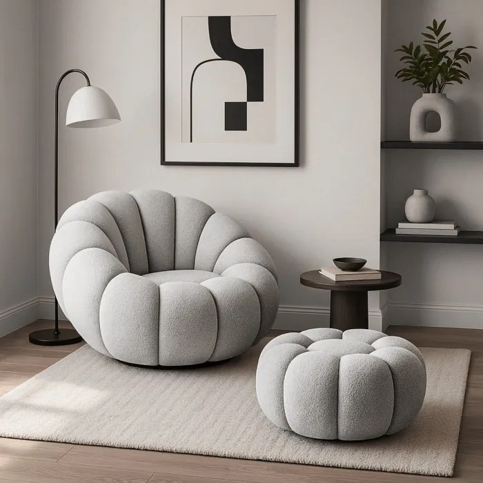 Fotel Wypoczynkowy Obrotowy PETTIT Szary z Pufą w Tkaninie Teddy Boucle