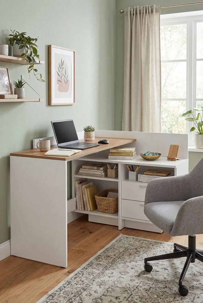 Białe Nowoczesne Narożne Biurko Z Dwupoziomowym Blatem T2-K75