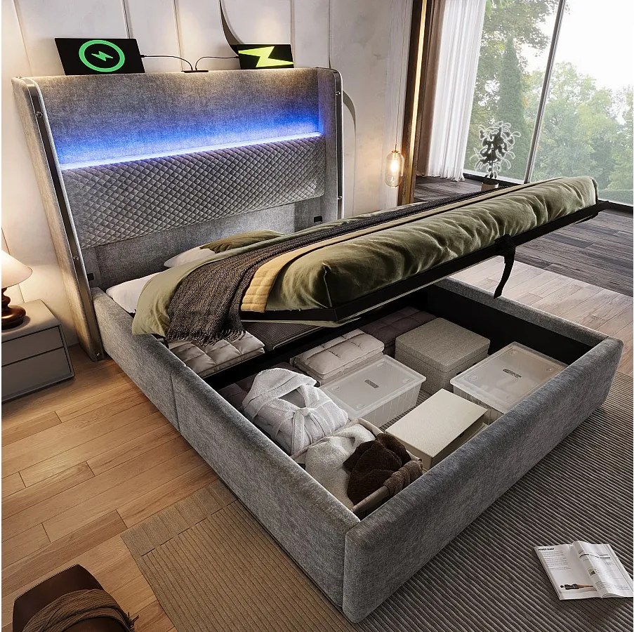 Łóżko dziecięce z pojemnikiem 90x200 cm z portem USB i LED, zagłówek wyściełany - len szary (bez materaca)