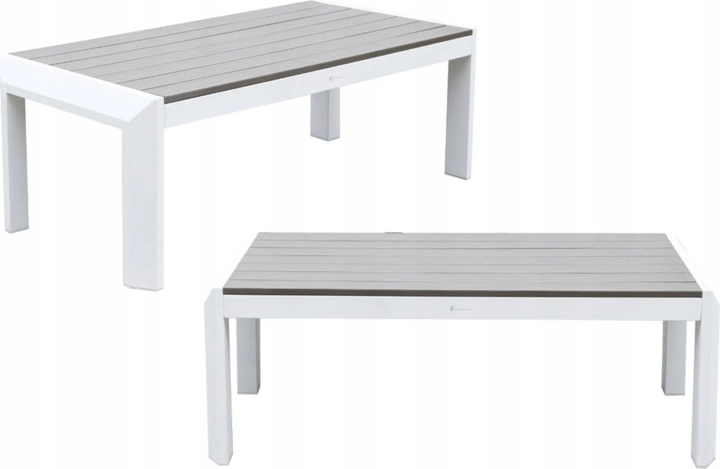 Zestaw mebli ogrodowych biały aluminium sofa fotele stolik drewniane detale