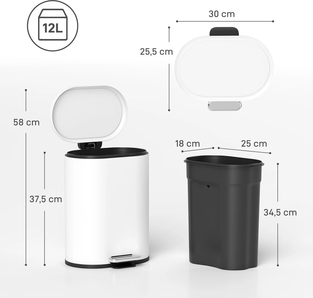 HOMCOM Kosz na śmieci 12 l, kosz pedałowy z pokrywą, pedał nożny, wkład wewnętrzny, funkcja soft-close, 30 x 25,5 x 37,5 cm, biały