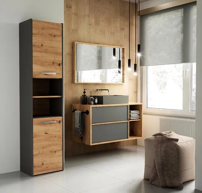 Wysoka szafka łazienkowa z półkami antracyt + dąb artisan - Boleris 3X