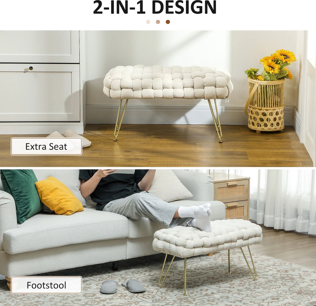 HOMCOM Nowoczesny Puf z Metalowymi Nogami, Miękkim Siedziskiem, do Salonu, Sypialni, Przedpokoju, Kremowy