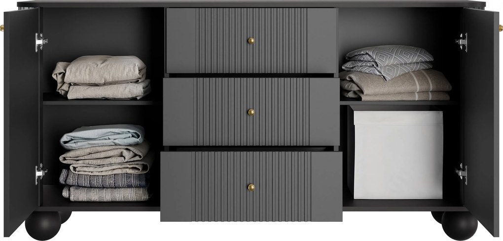 Komoda Vesper 160 cm z szufladami na kulach - czarny / złote uchwyty / nogi kule