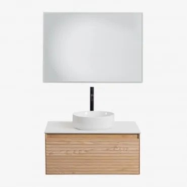 Zestaw Wiszących Mebli Łazienkowych Z Drewna Jesionowego Tedrik Popielaty Brąz & Okrągły Ceramiczny Biały - Sklum