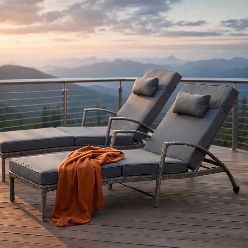 Zestaw 2 leżaków ogrodowych technorattan Ravello XL2505, jasny brąz, poduszki szare