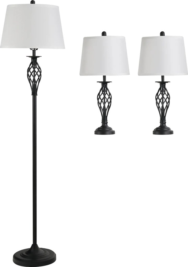 Zestaw 3 lamp HOMCOM: 2 lampy stołowe (ø38 x 158H cm) + 1 lampa stojąca (ø30 x 62H cm), metal, PS, poliester, bawełna, styl vintage, czarny+biały