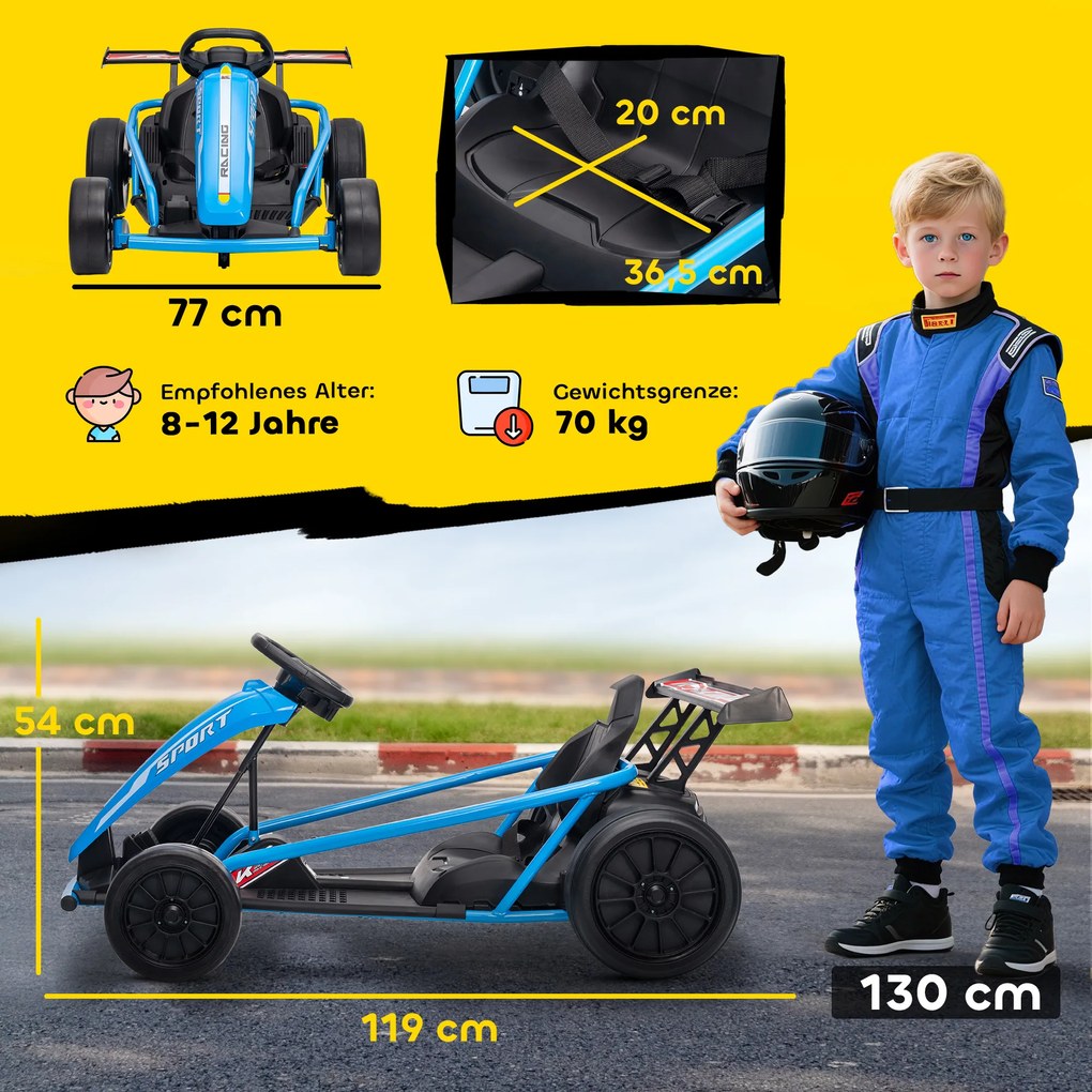 AIYAPLAY 24V elektryczny gokart do jazdy i driftu, opony nylonowe, pas bezpieczeństwa, klakson, muzyka dla 8-12 lat Niebieski