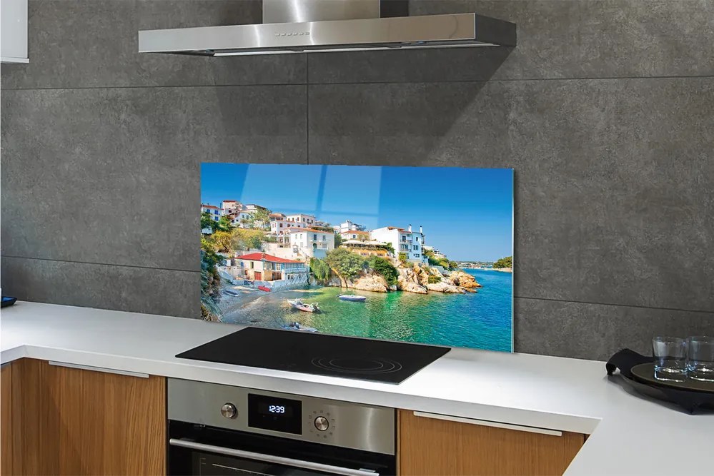 Szkło do Kuchni na Ścianę Tradycyjna Grecka Architektura nad Wodą