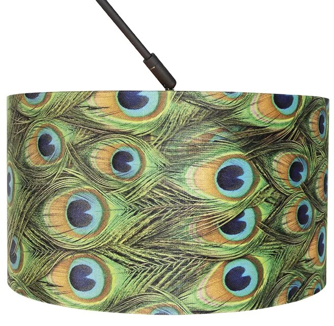Lampa wisząca czarna z abażurem z aksamitu w kolorze pawia ze złotem 35 cm - Blitz klasyczny/Antyczny Oswietlenie wewnetrzne