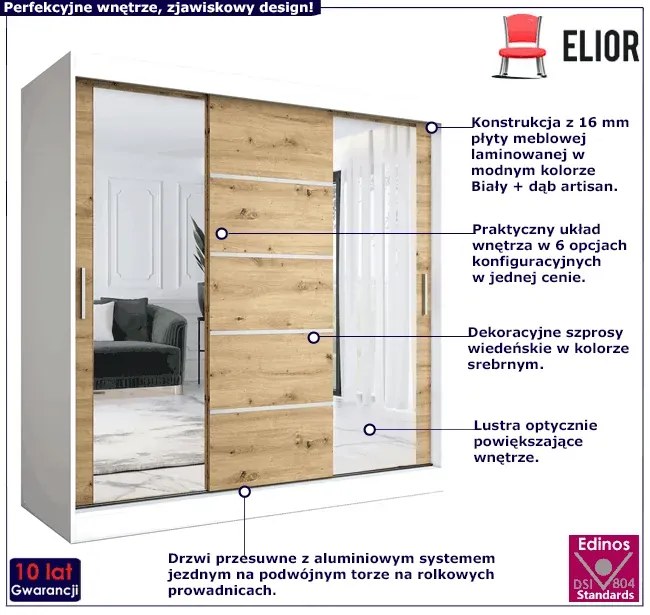 Szafa przesuwna z lustrami 200 cm biały + dąb artisan - Ebia 6X