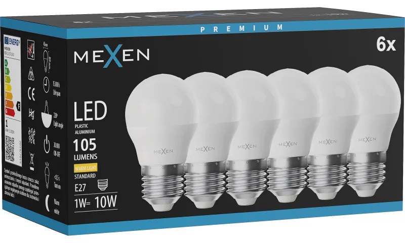 Mexen Nova 6x żarówka LED E27, G45, 1W, Ciepła - 3000K, 105 lm - L101-E27-0130-01x06