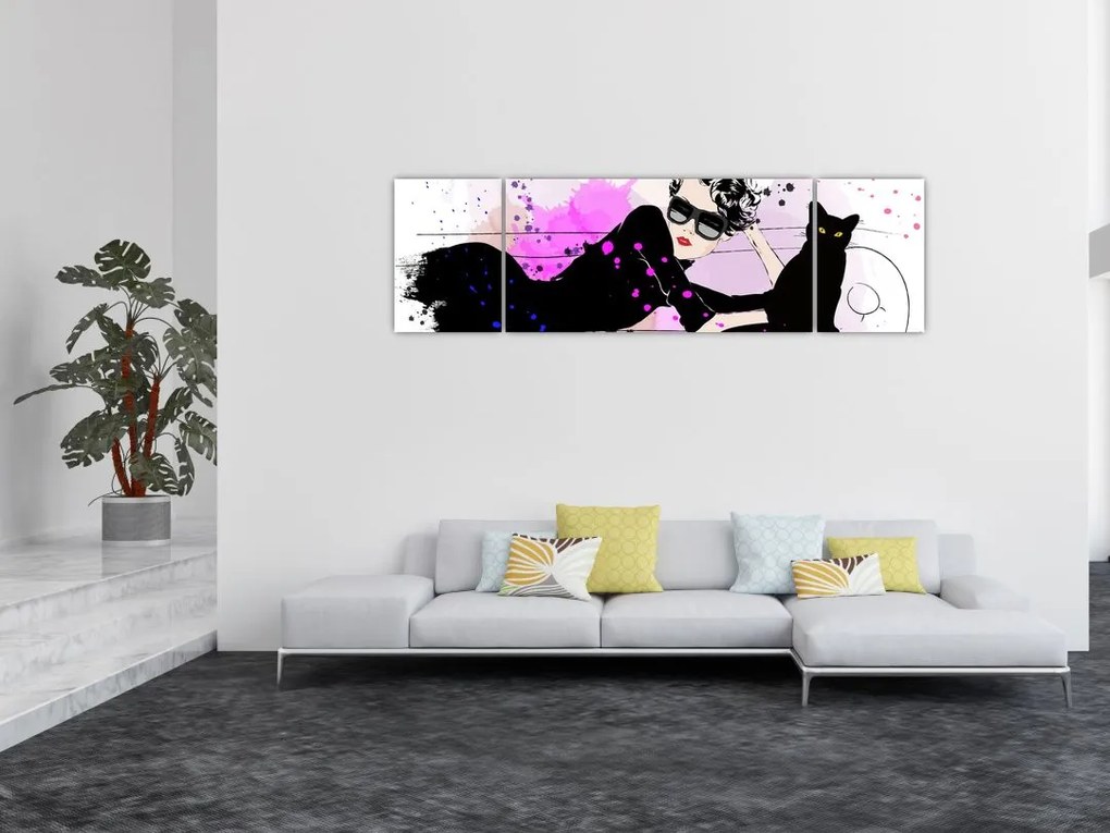 Obraz - Kobieta z czarnym kotem (170x50 cm)