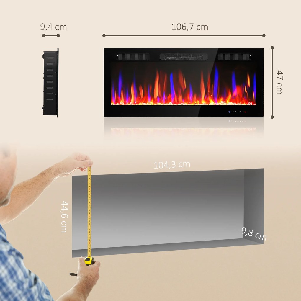 HOMCOM Kominek elektryczny, montaż ścienny, regulowane płomienie, termostat, timer, stal, czarny