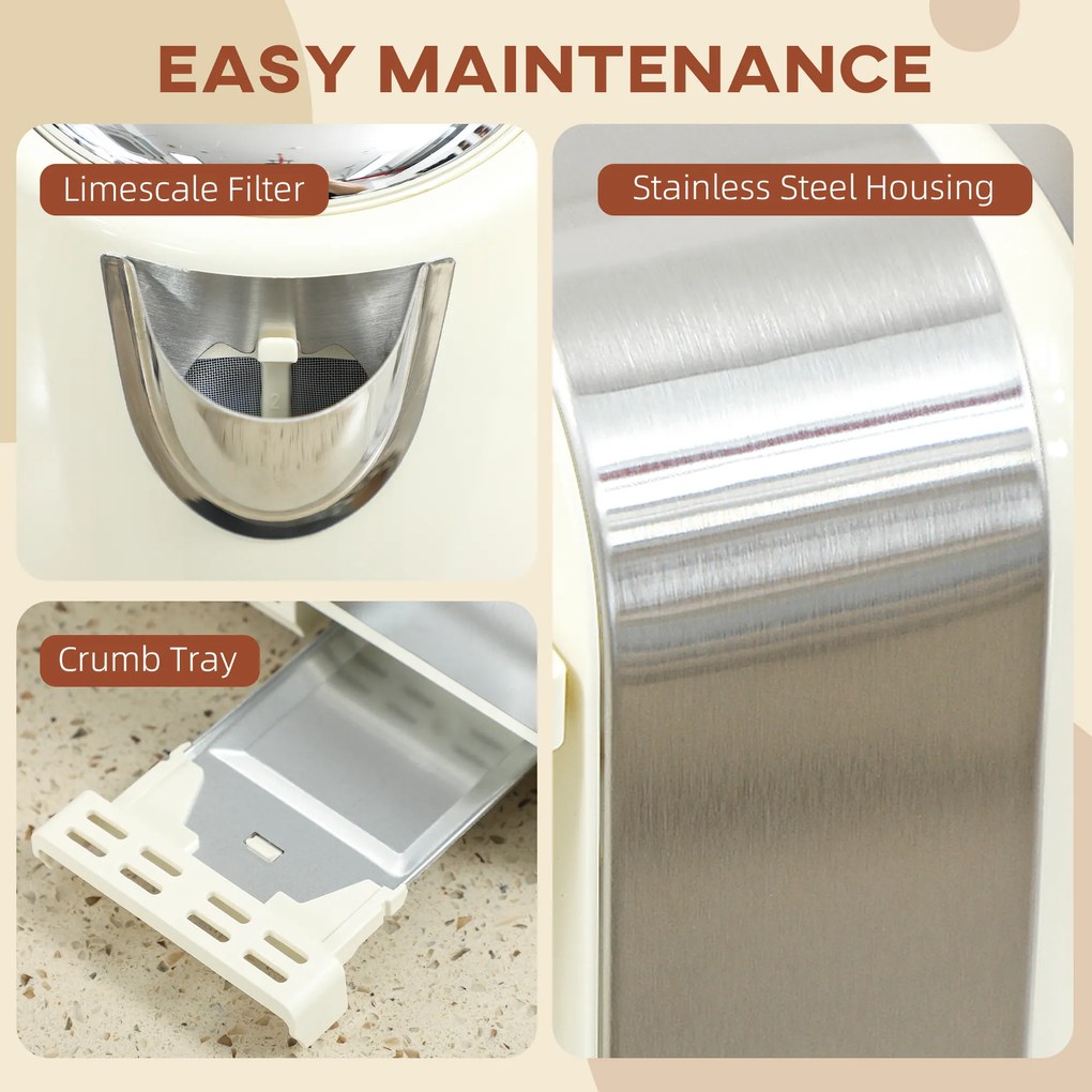 HOMCOM Zestaw czajnika i tostera, 1,7 l, 2200W, termostat Strix, filtr, toster na 4 kromki, 7 poziomów przyrumienienia, szuflada na okruchy