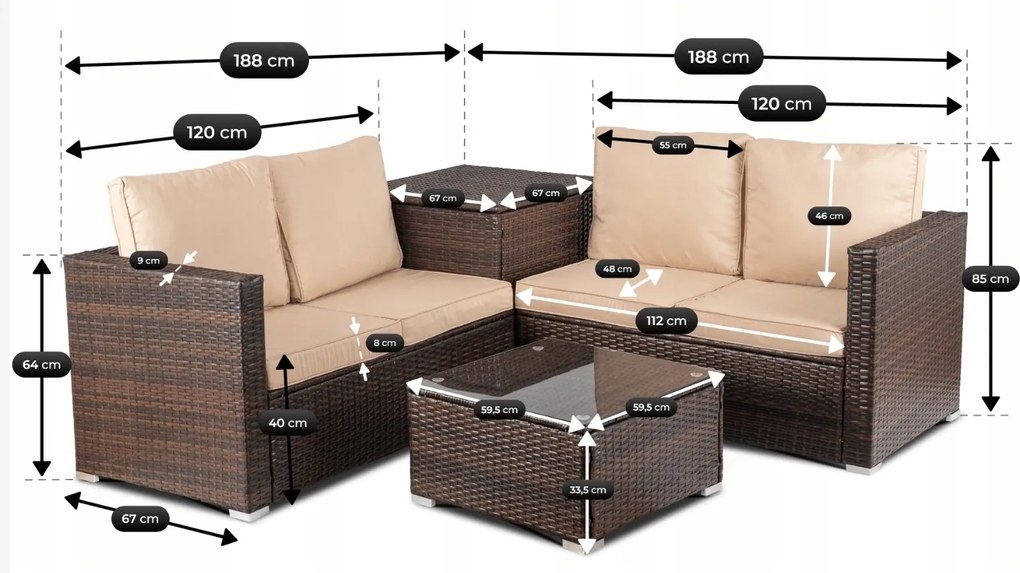 Zestaw mebli ogrodowych Savero, narożnik modułowy ze skrzynią, brązowy technorattan, poduszki beż