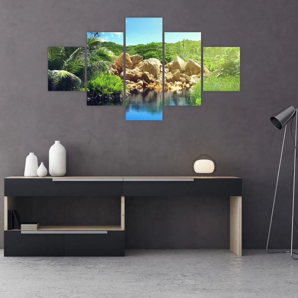 Obraz jeziora w dżungli Seszeli (125x70 cm)