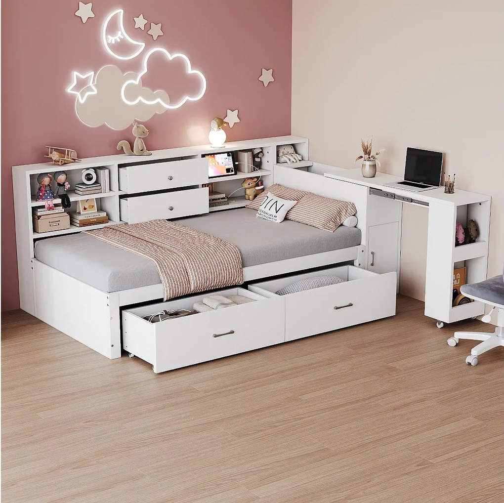 Sofa dziecięca rozkładana - 90 x 200 cm - z półkami do przechowywania + 2 szuflady + wysuwane biurko - drewno - biała