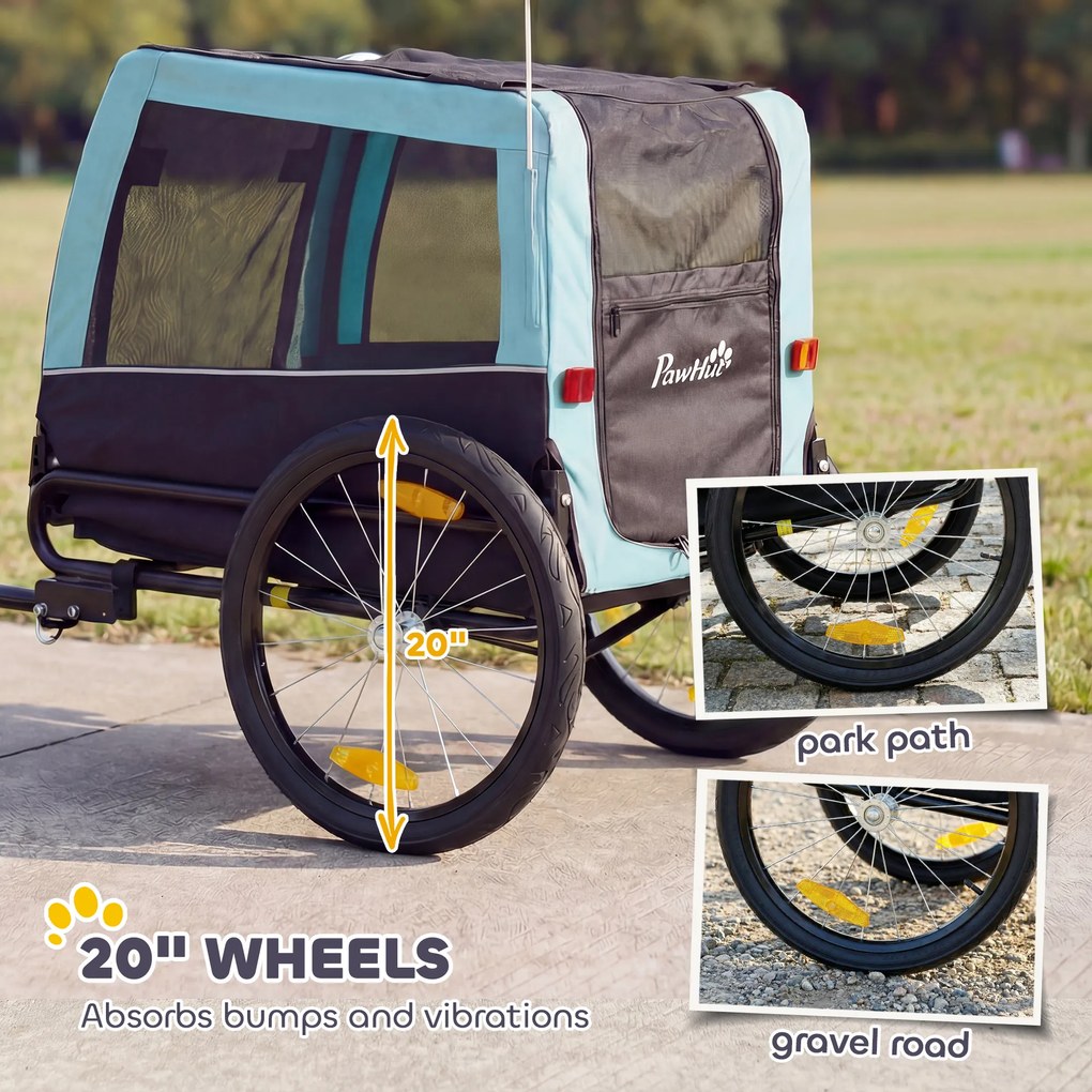 PawHut Składana przyczepka rowerowa z odblaskami, smyczą, dla średnich psów do 20 kg, 143 x 70 x 90 cm, jasnoniebieska | Aosom PL