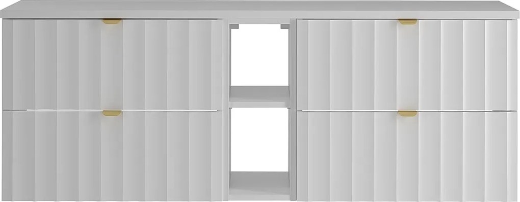 Biały Zestaw Łazienkowy 140cm Szafka z Blatem Regał Ryflowane Fronty Arcos