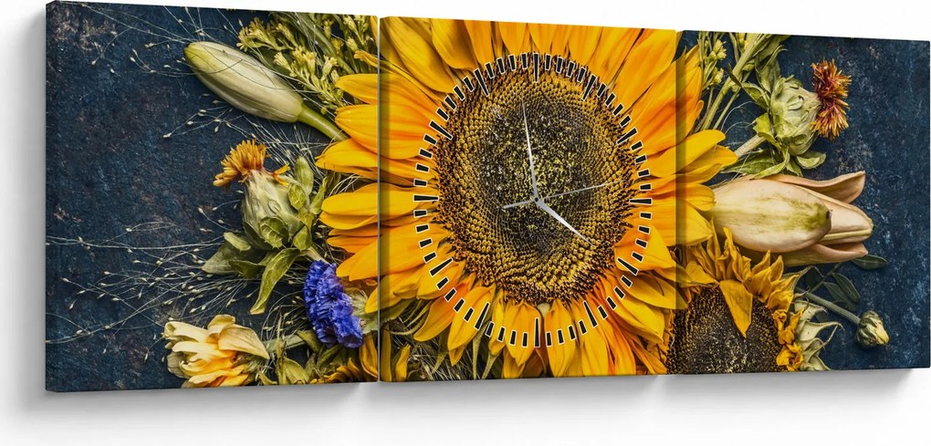 Obraz - Jesienne kwiaty (z zegarem) (90x30 cm)