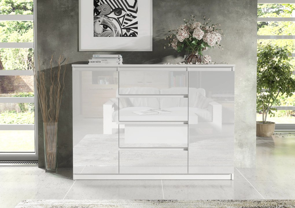 Komoda NUDO - Biały / Front Biały / Połysk / 120 cm / 4 szuflady