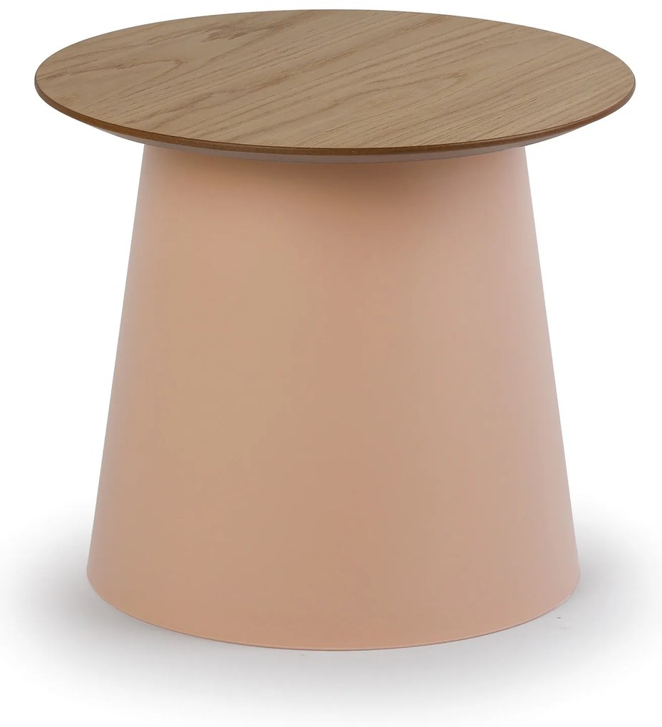 Plastikowy stolik kawowy SETA z drewnianym blatem, średnica 49 cm, dąb/ceglasty