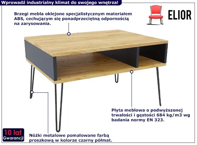 Industrialny stolik kawowy z metalowym stelażem dąb craft + czarny Winston