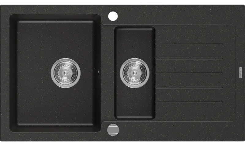 Mexen Matias zlewozmywak granitowy 1,5-komorowy z ociekaczem 900 x 505 mm, czarny/złoty metalik, syfon chrom - 6502901505-75