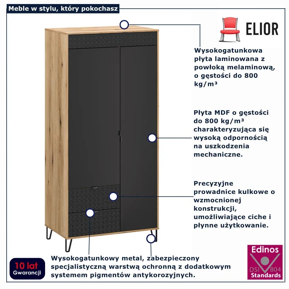 Szafa dwudrzwiowa z drążkiem na nóżkach dąb evok + czarny T0-E56