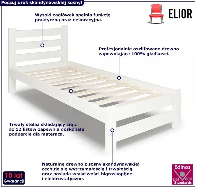 Białe pojedyncze łóżko z drewna sosnowego 90x200 D4-P41