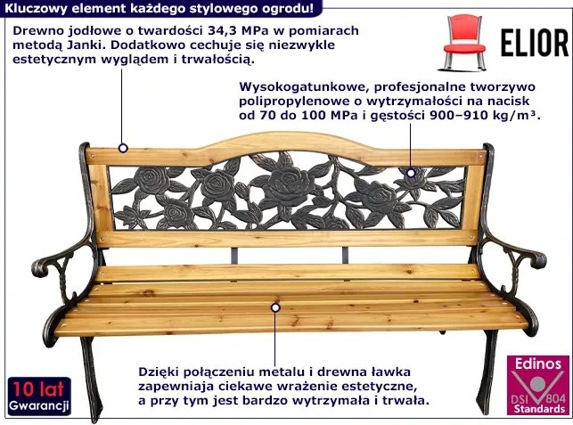 Drewniana ławka ogrodowa z oparciem i podłokietnikami T7-R69