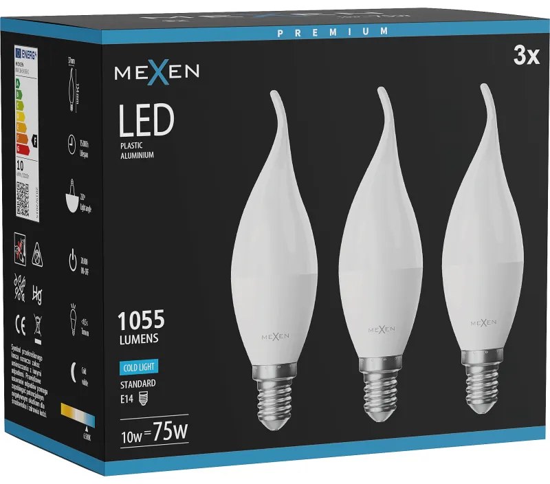 Mexen Nova 3x żarówka LED płomyk E14, C37, 10W, Zimna - 6500K, 1055 lm - L106-E14-1065-01x03
