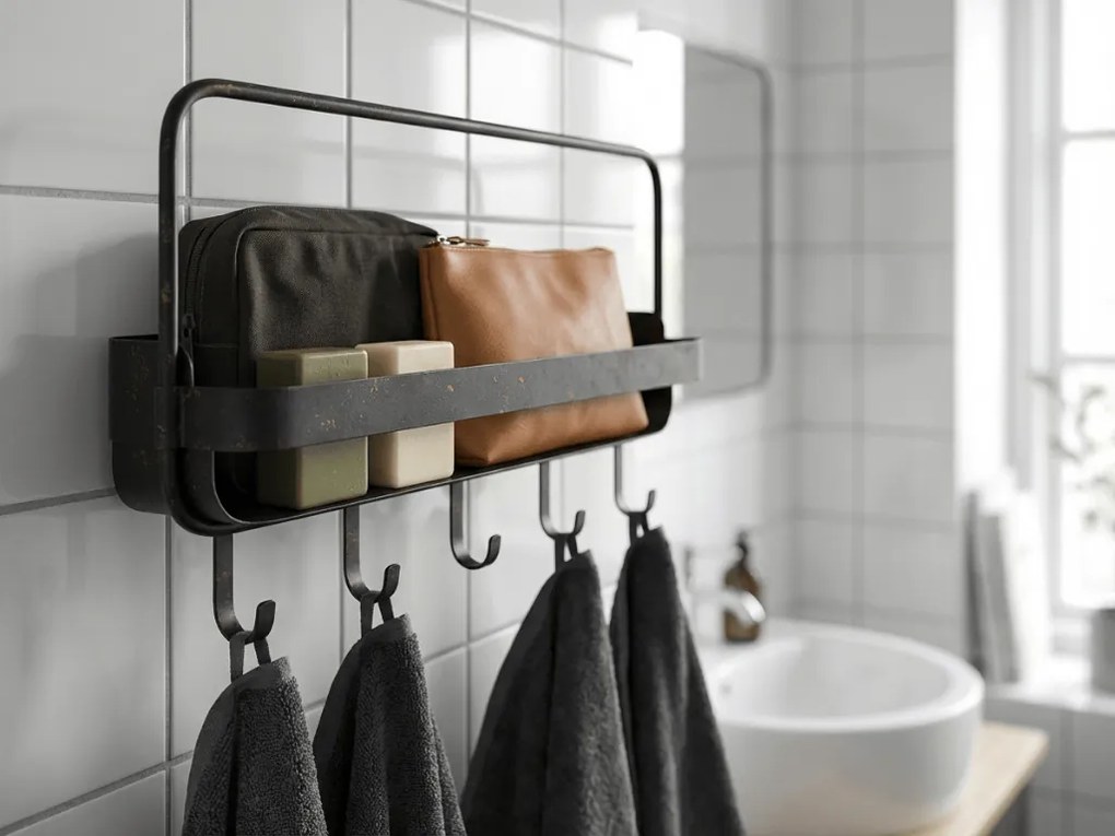 Metalowa półka do łazienki RAKKA 56x29 cm, czarna z patyną