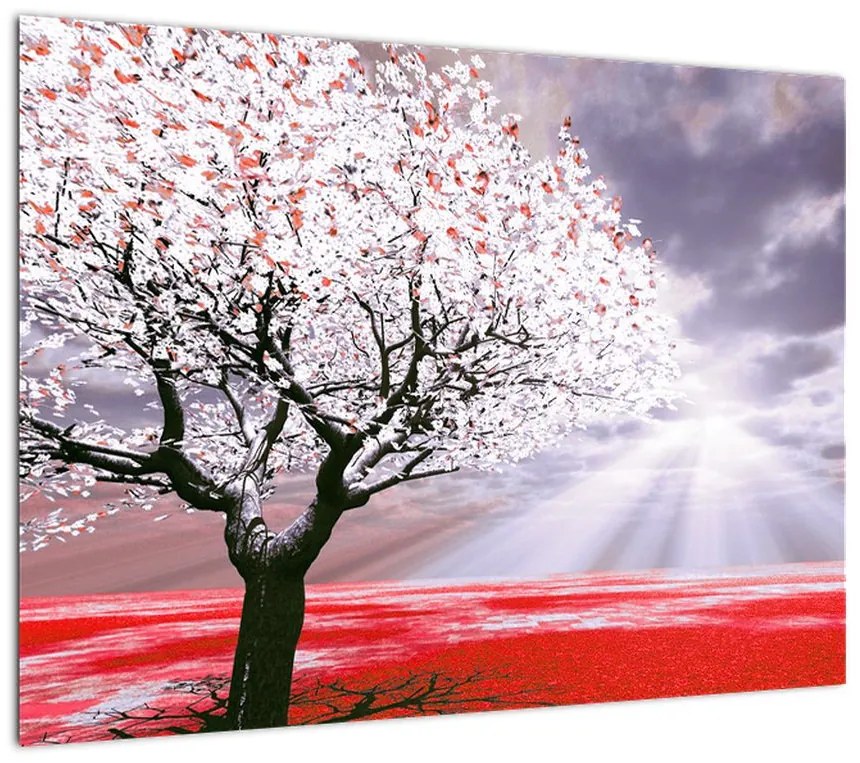 Obraz na szkle - czerwony obraz drzewa (70x50 cm)