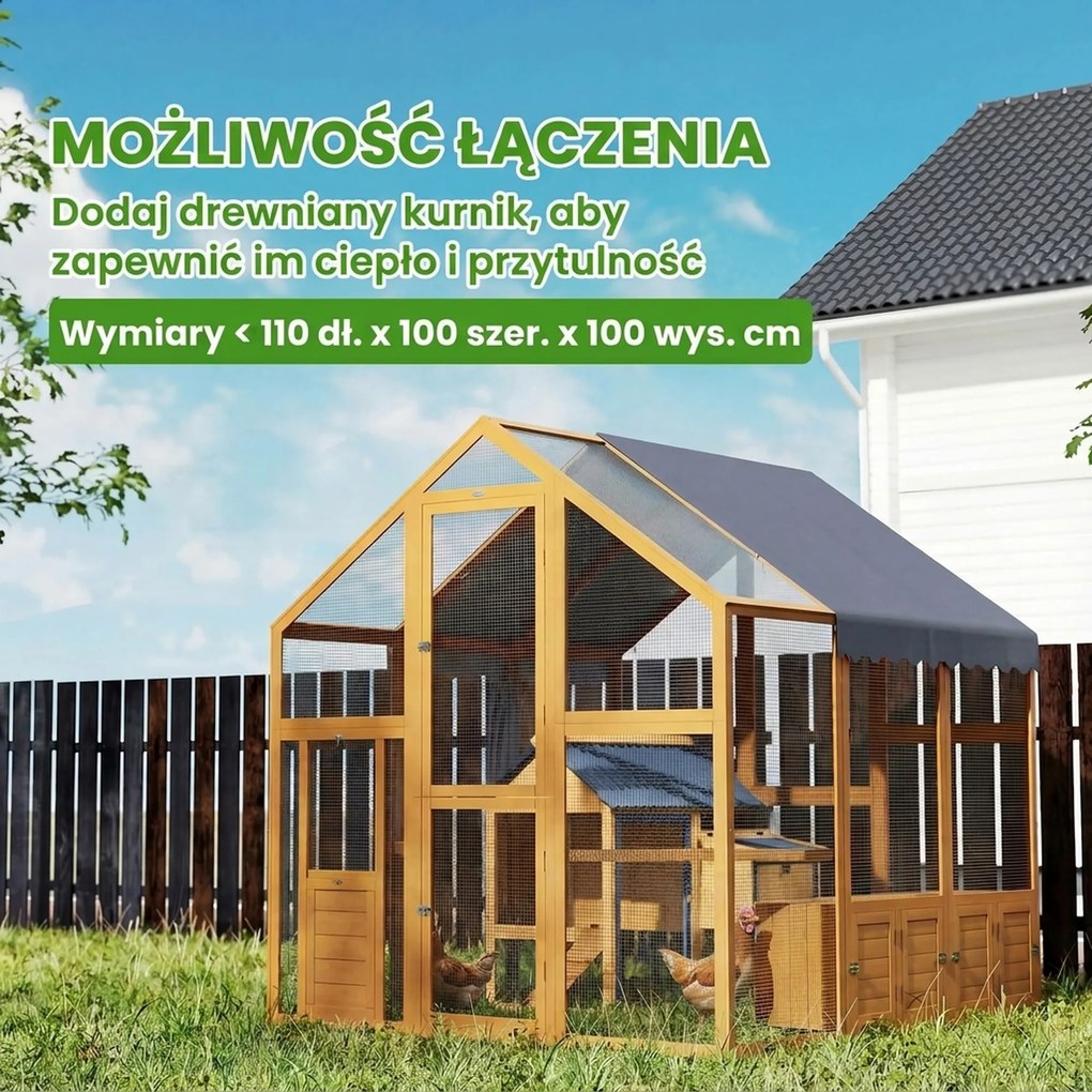 PawHut Kurnik 3,07 m² Wybieg drewniany z wodoodporną osłoną, zamkiem bezpieczeństwa, dla 6-8 kur 1,7 x 1,8 x 1,8 m | Aosom PL