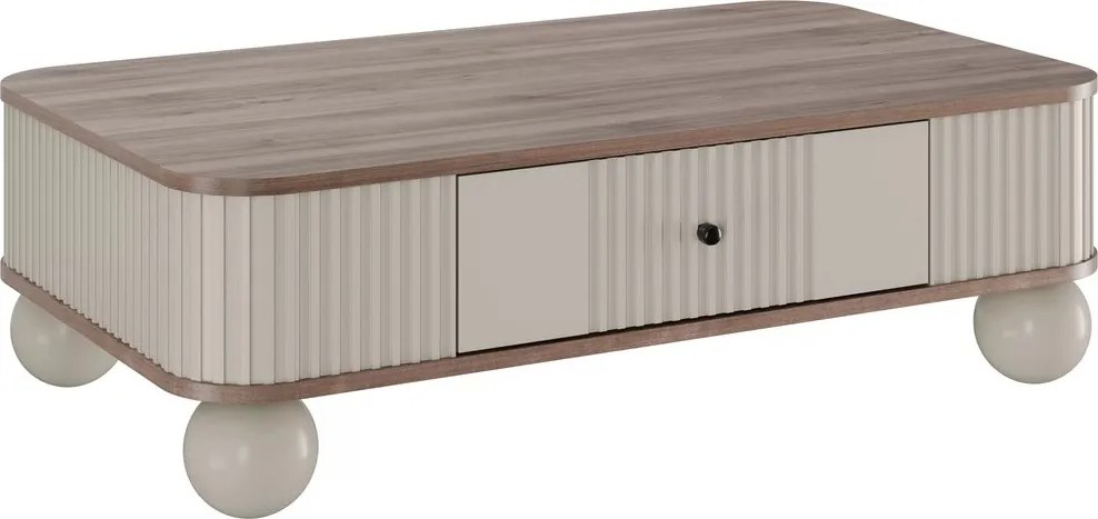 Stolik kawowy Vesper 103x60 cm z szufladą - kaszmir / orzech / czarne uchwyty / nogi kule