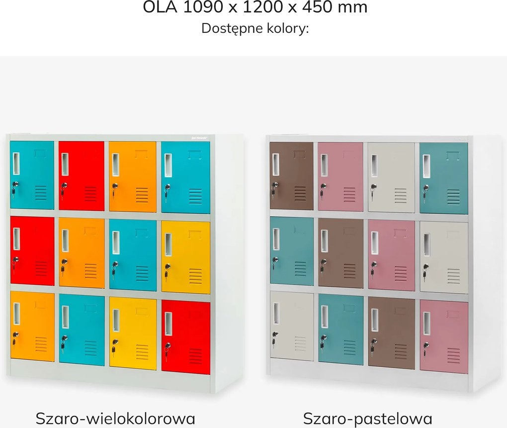 Socjalna szafa skrytkowa BHP do szkół i przedszkoli OLA, 1090 x 1200 x 450 mm, szaro-wielokolorowa