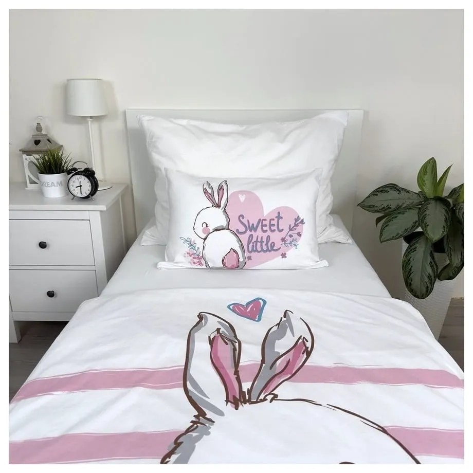 Biała/różowa bawełniana pościel dziecięca do łóżeczka 100x135 cm Bunny "Sweet" – Jerry Fabrics