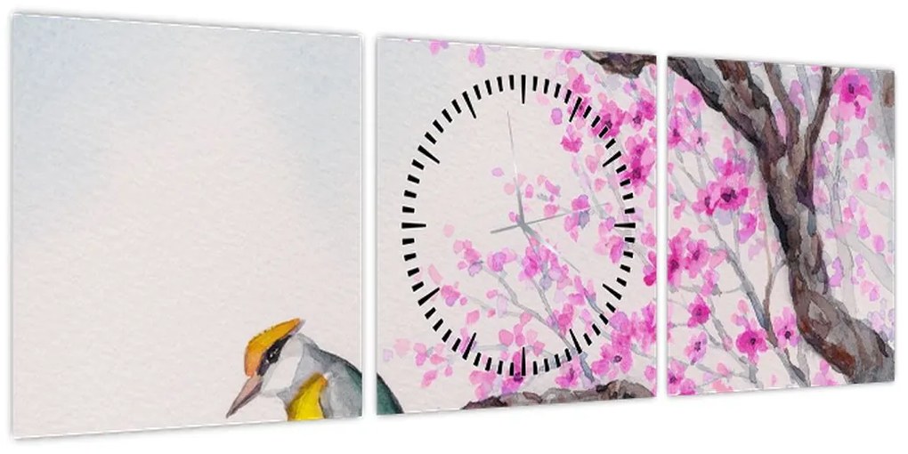 Obraz - ptak na drzewie z różowymi kwiatami (z zegarem) (90x30 cm)