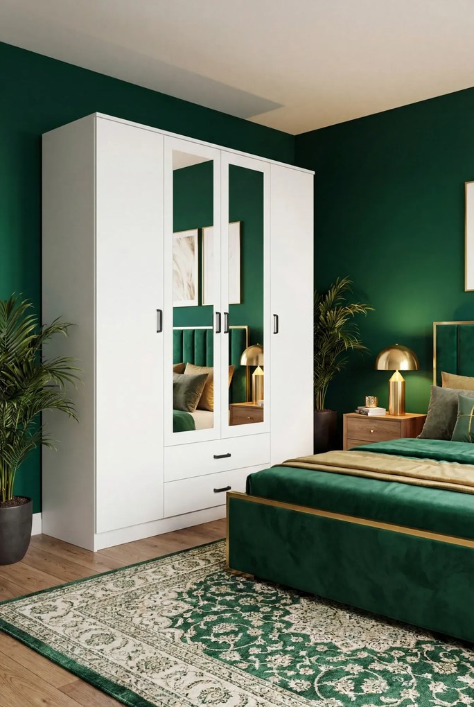 Biała szafa czterodrzwiowa z lustrem M2-M49