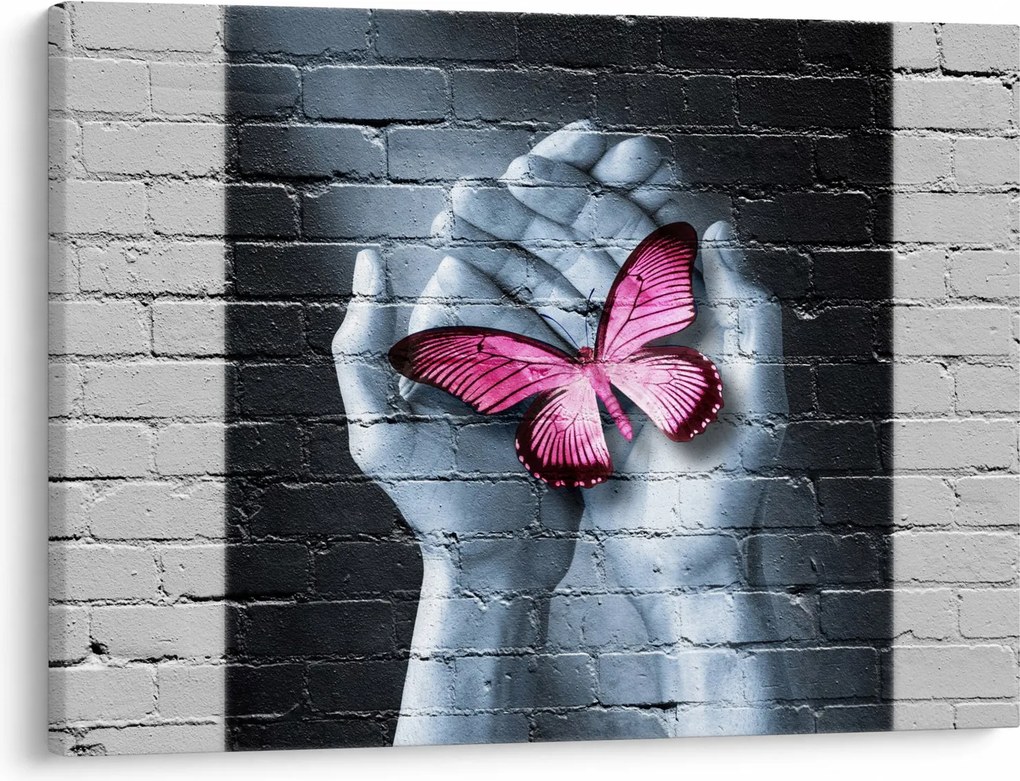 Obraz - Różowy motyl w ścianie (70x50 cm)