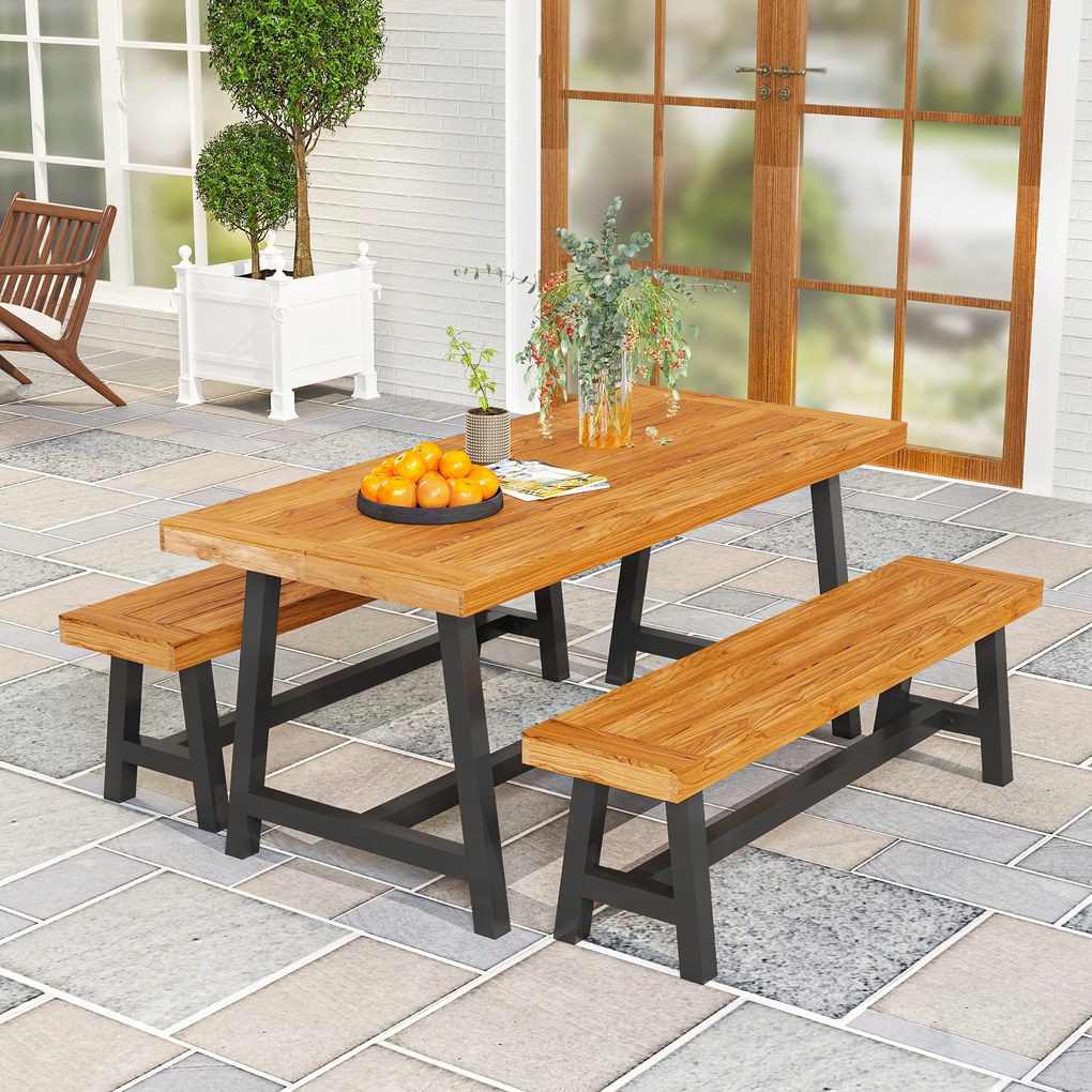 Outsunny 3-elementowy zestaw mebli jadalnianych z drewna dla 4 osób Stół i 2 ławki Teak