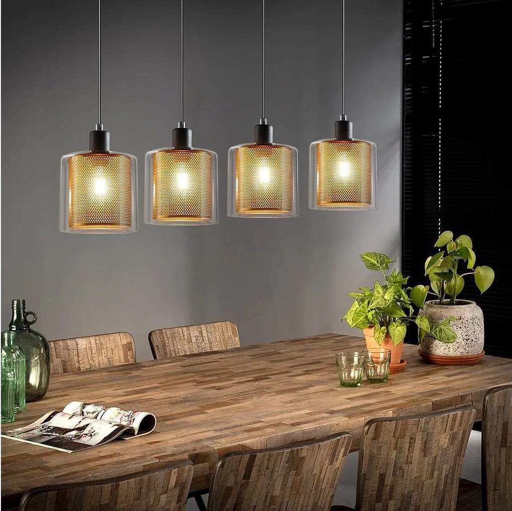 NETTLIFE Złota lampa wisząca do salonu, lampa wisząca vintage, 3 żarówki E14, szkło industrialne, REGULOWANA WYSOKOŚĆ