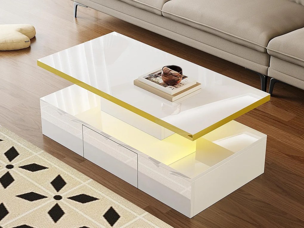 Stolik kawowy z przechowywaniem z LED - błyszczący wygląd - Biały
