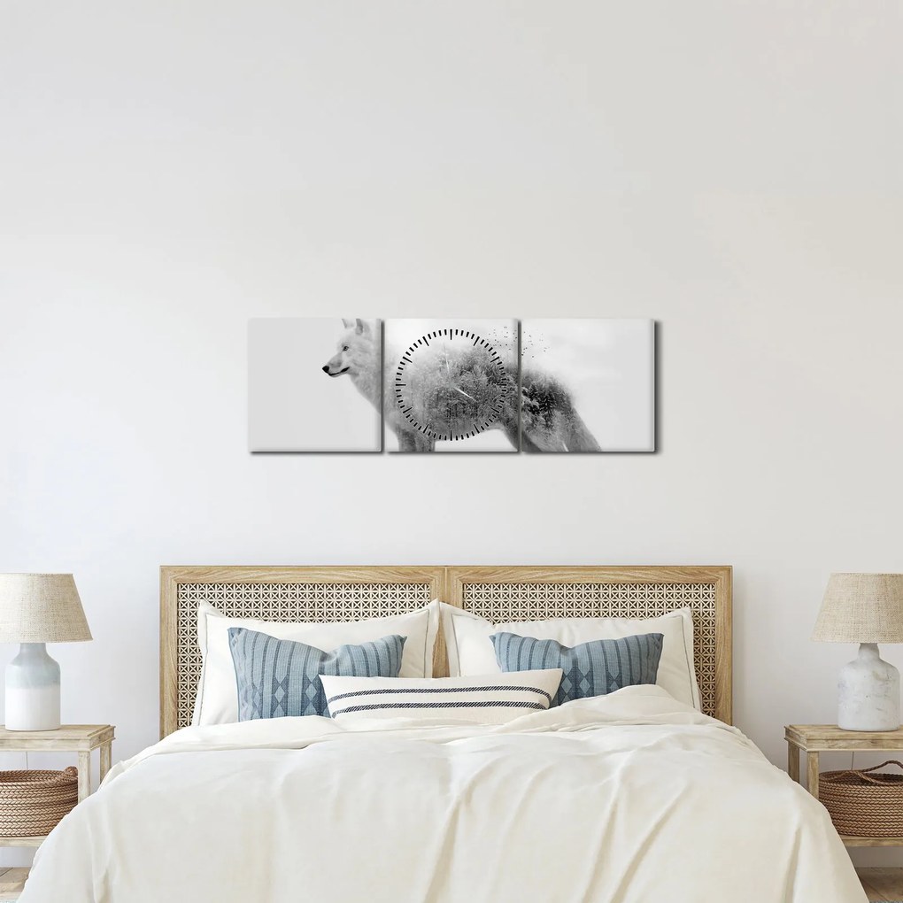 Obraz - Wilk arktyczny odzwierciedla dziki krajobraz (z zegarem) (90x30 cm)