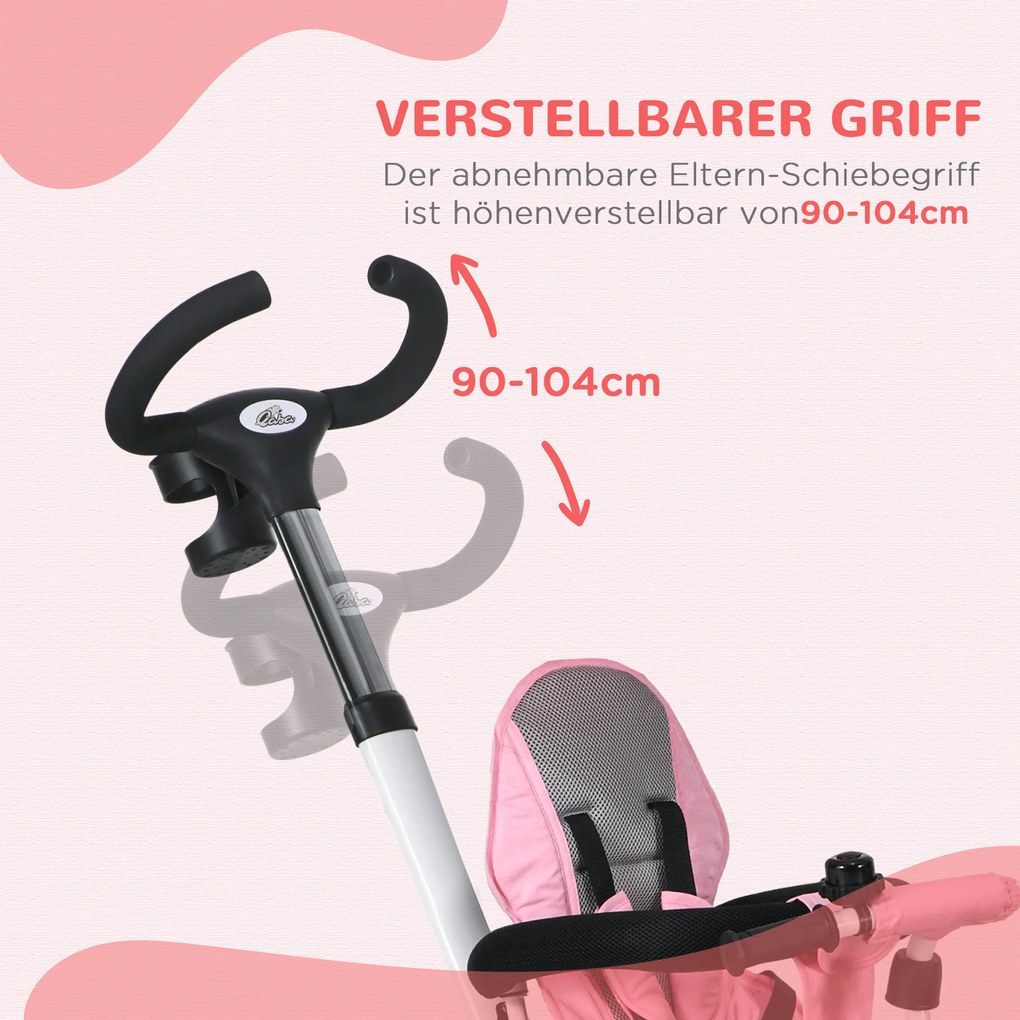 HOMCOM 6-w-1 Dziecięce Trójkołowiec z Rączką do Pchania, Daszek, Pas bezpieczeństwa, Koszyk, 18+ Miesięcy, Różowy