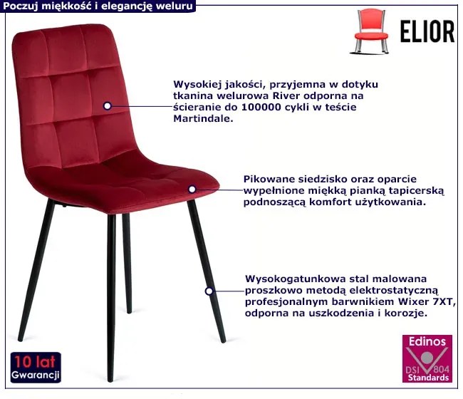 Bordowe Welurowe Pikowane Krzesło R6-E48